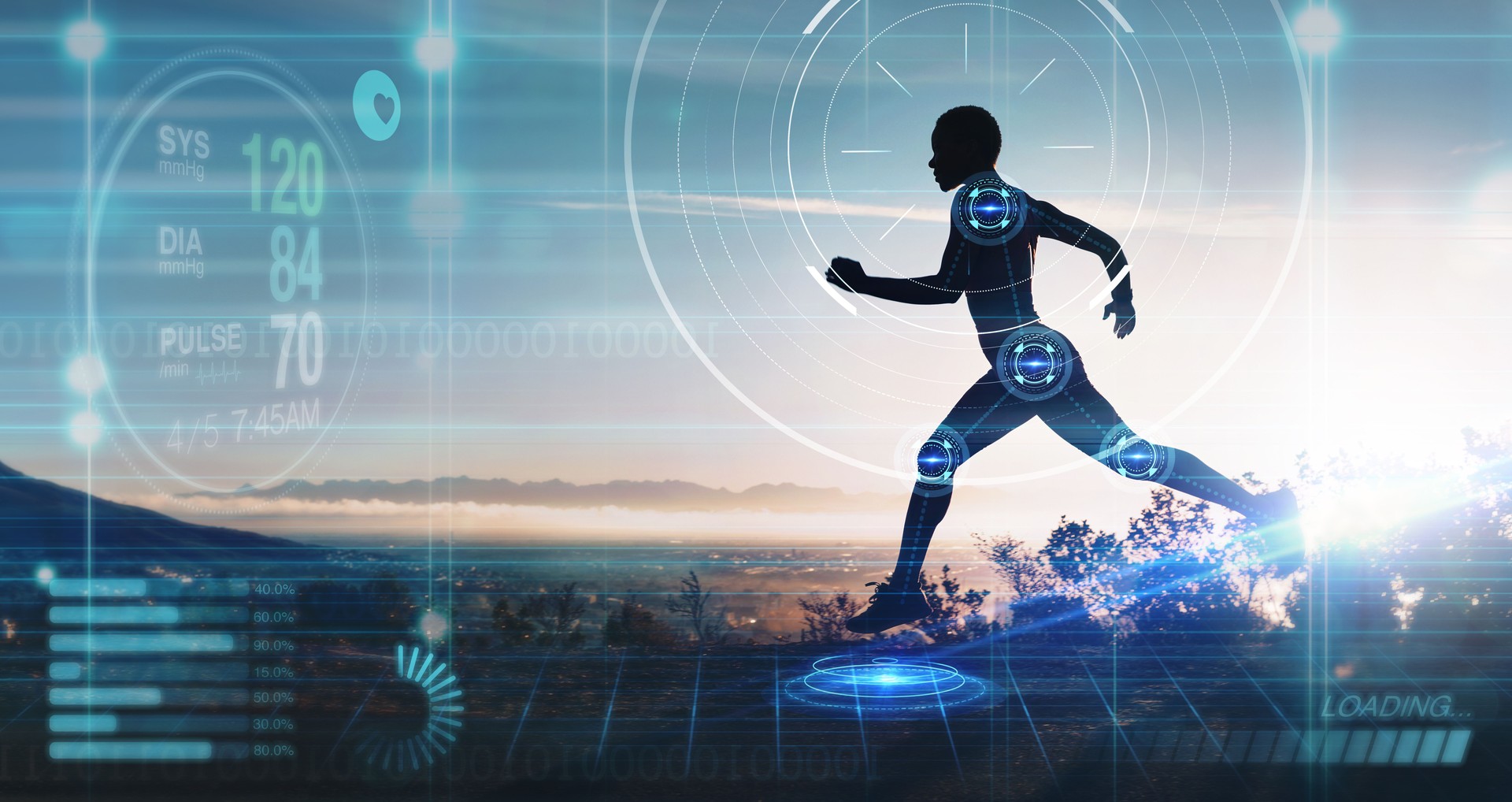 Hologram, athlete and running for wellness, exercise for healthy lifestyle and track heart rate. Male, futuristic and runner with digital sports, double exposure for marathon and fitness training.