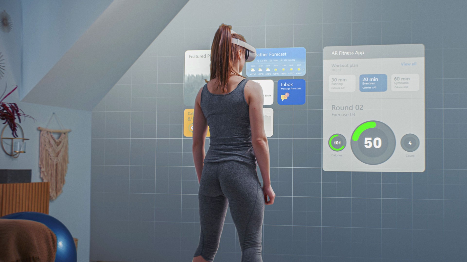 Athletic woman in AR headset starts online training. Virtual coach and interface of fitness app
